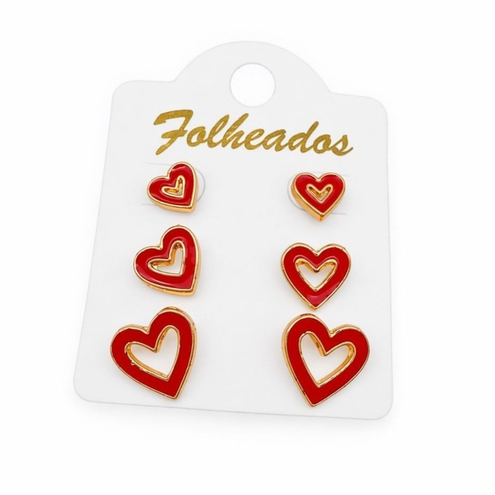 Gold Plated Red Heart Stud Earrings Set – 3 Pairs Open Heart Design – Fashion